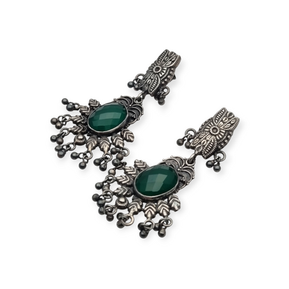Long Boho sterling silver and green chalcedony ethnic style earrings, 80s-90s