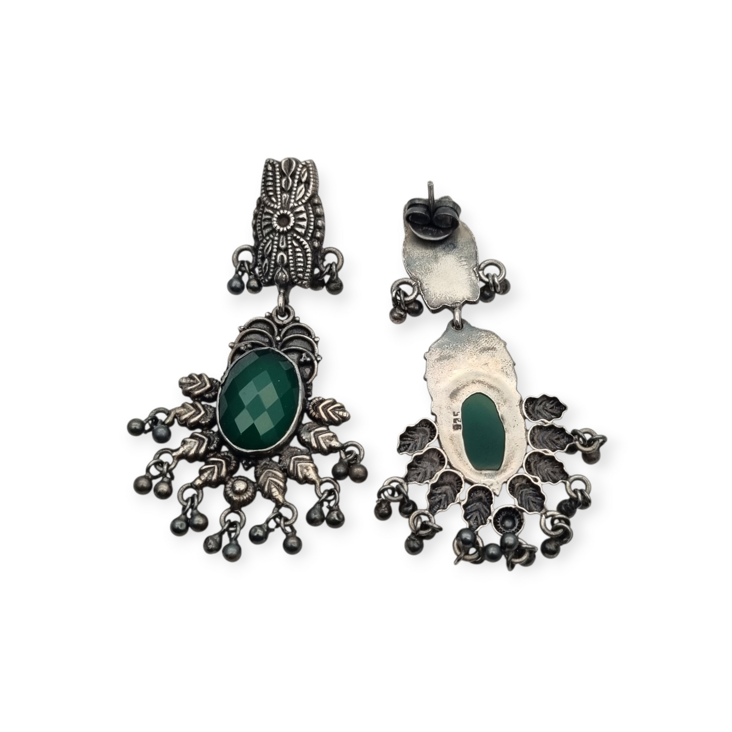 Long Boho sterling silver and green chalcedony ethnic style earrings, 80s-90s