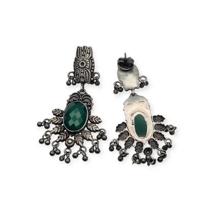 Long Boho sterling silver and green chalcedony ethnic style earrings, 80s-90s