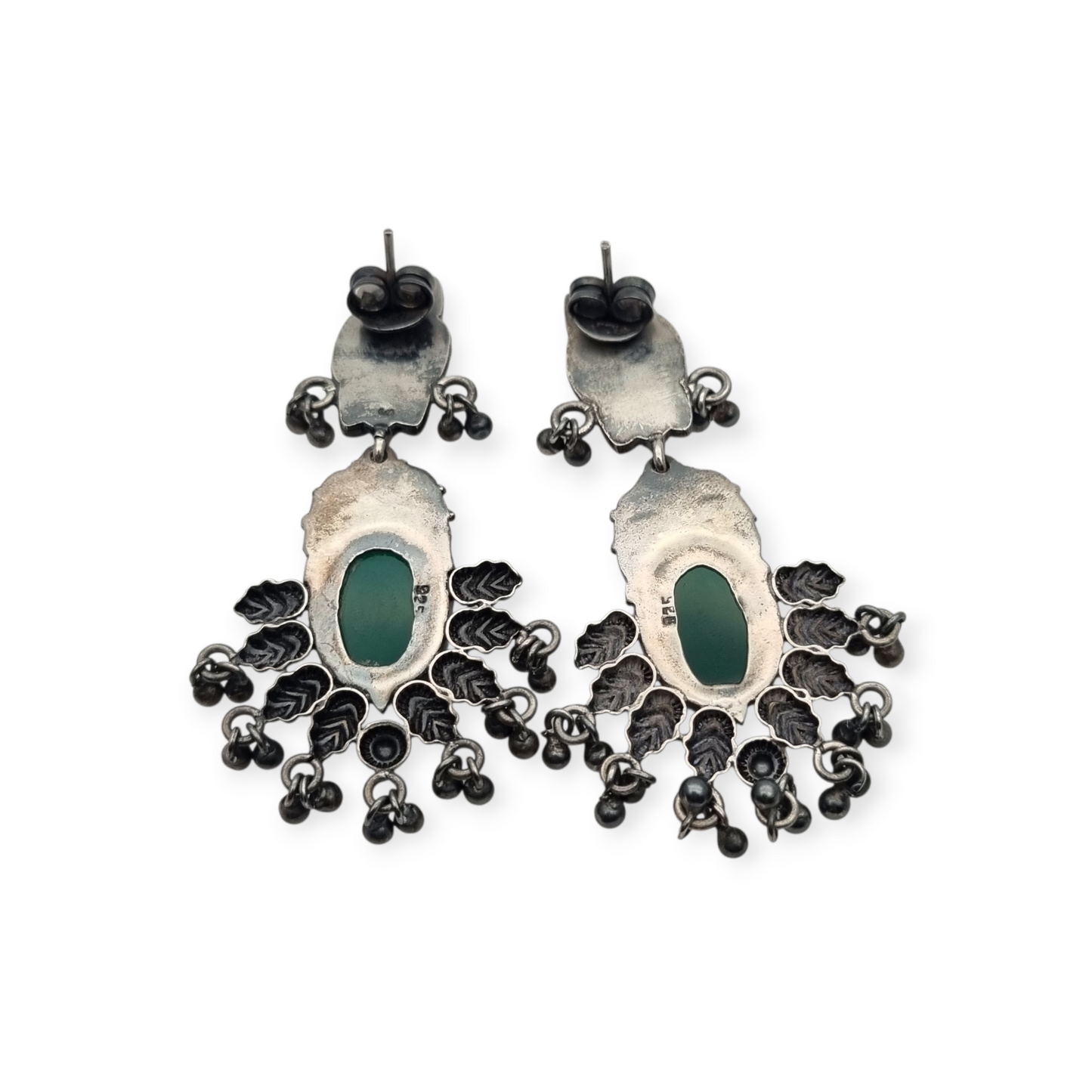 Long Boho sterling silver and green chalcedony ethnic style earrings, 80s-90s