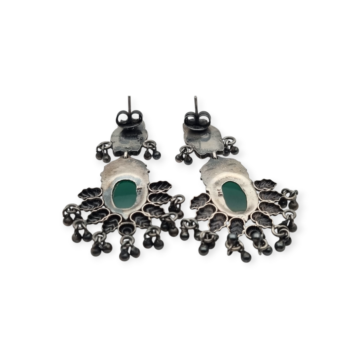 Long Boho sterling silver and green chalcedony ethnic style earrings, 80s-90s