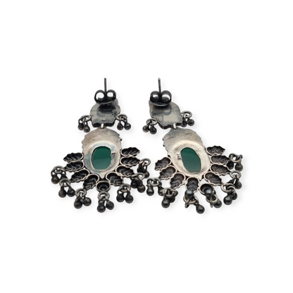 Long Boho sterling silver and green chalcedony ethnic style earrings, 80s-90s