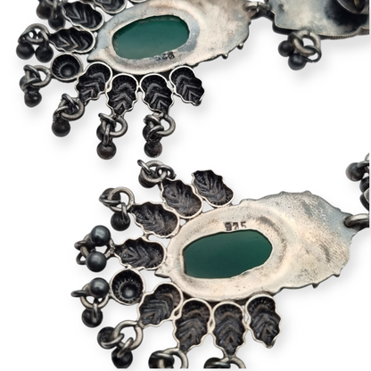 Long Boho sterling silver and green chalcedony ethnic style earrings, 80s-90s