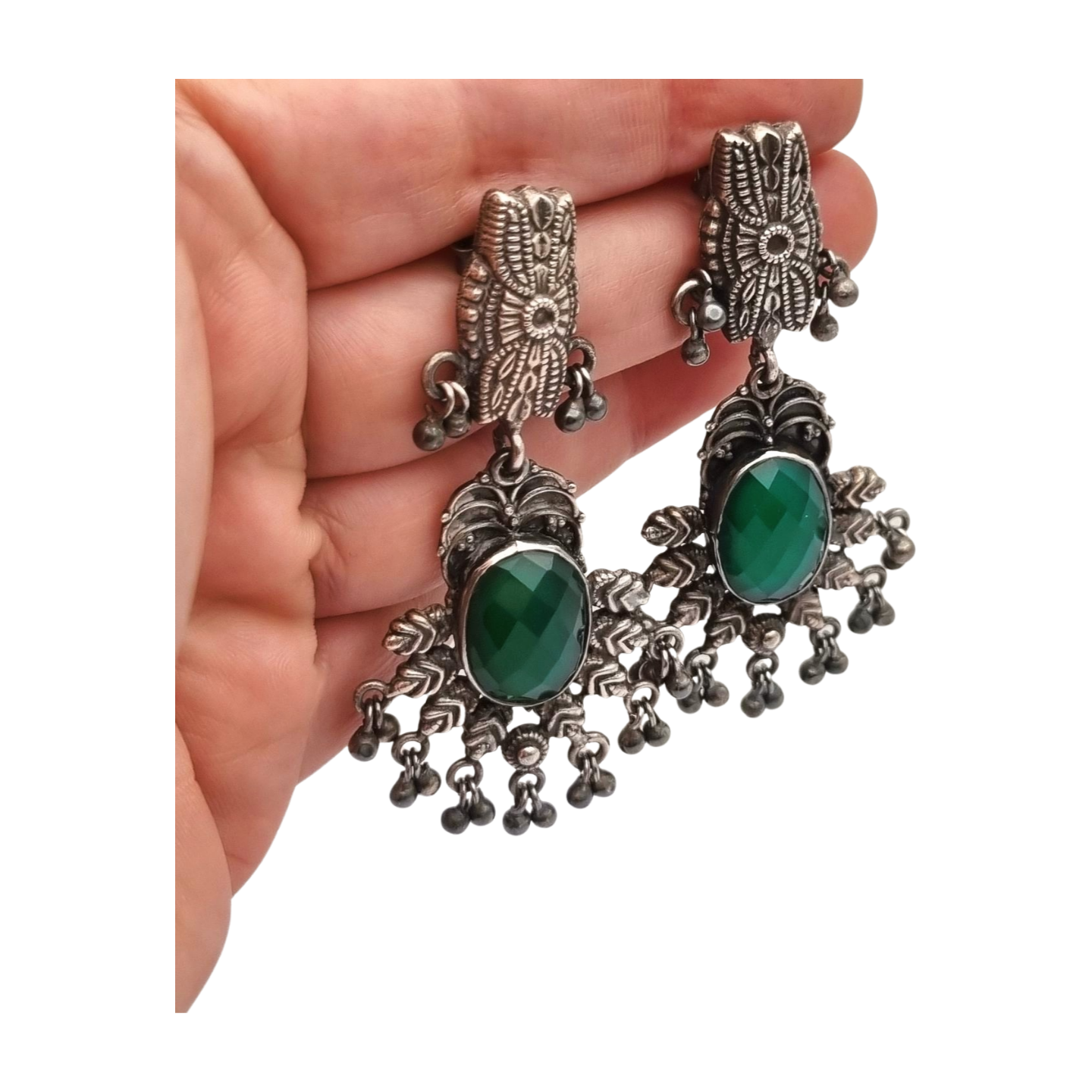 Long Boho sterling silver and green chalcedony ethnic style earrings, 80s-90s