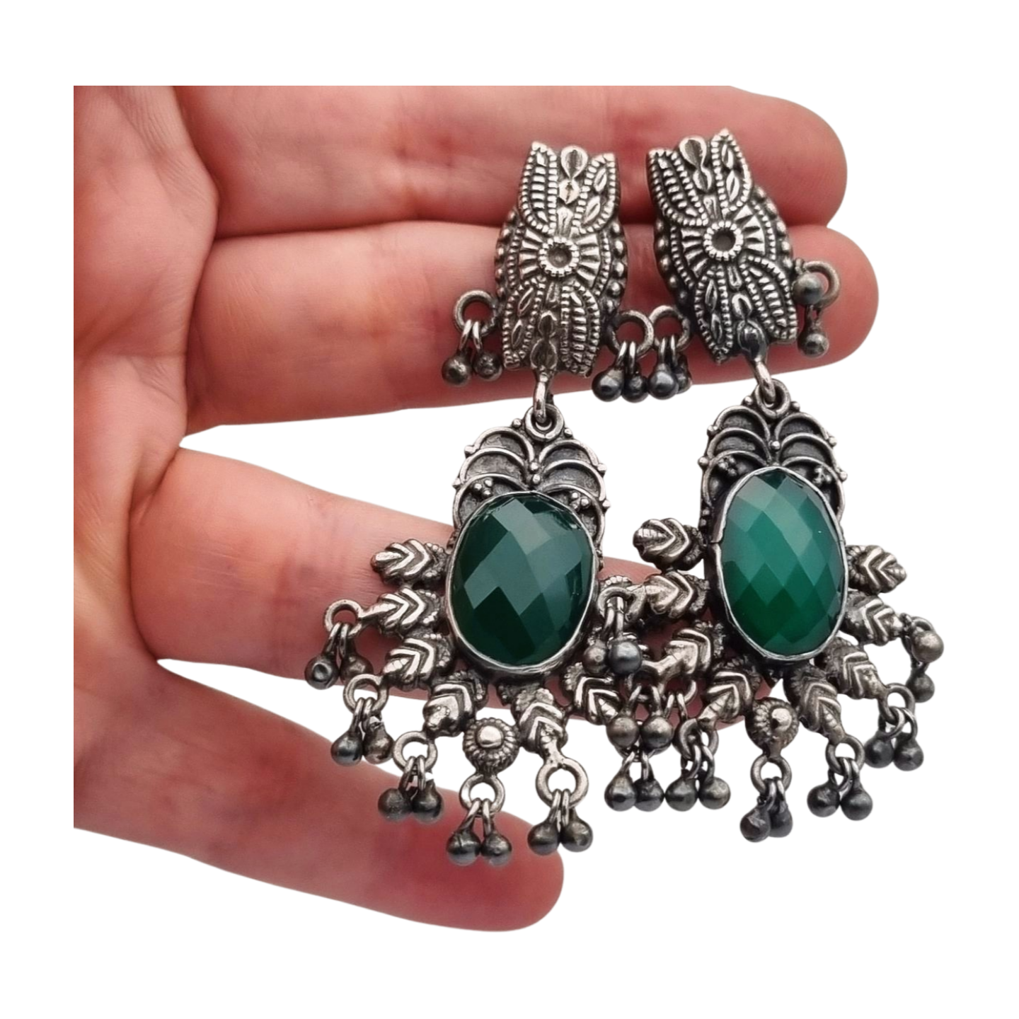 Long Boho sterling silver and green chalcedony ethnic style earrings, 80s-90s
