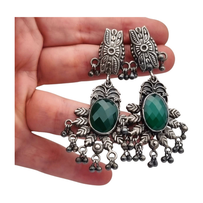 Long Boho sterling silver and green chalcedony ethnic style earrings, 80s-90s