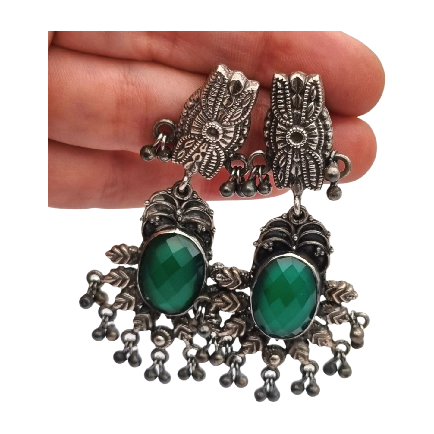 Long Boho sterling silver and green chalcedony ethnic style earrings, 80s-90s