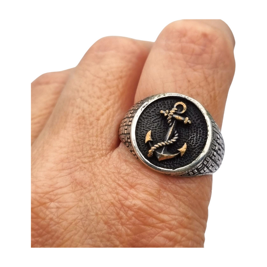 Anillo vintage de plata 925 con ancla marinera, circa 1990