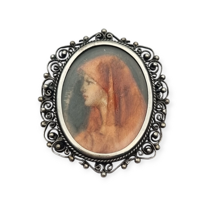 800 silver and filigree pendant brooch with miniature of Saint Fabiola, circa 1920