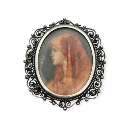 800 silver and filigree pendant brooch with miniature of Saint Fabiola, circa 1920