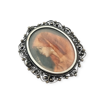 800 silver and filigree pendant brooch with miniature of Saint Fabiola, circa 1920