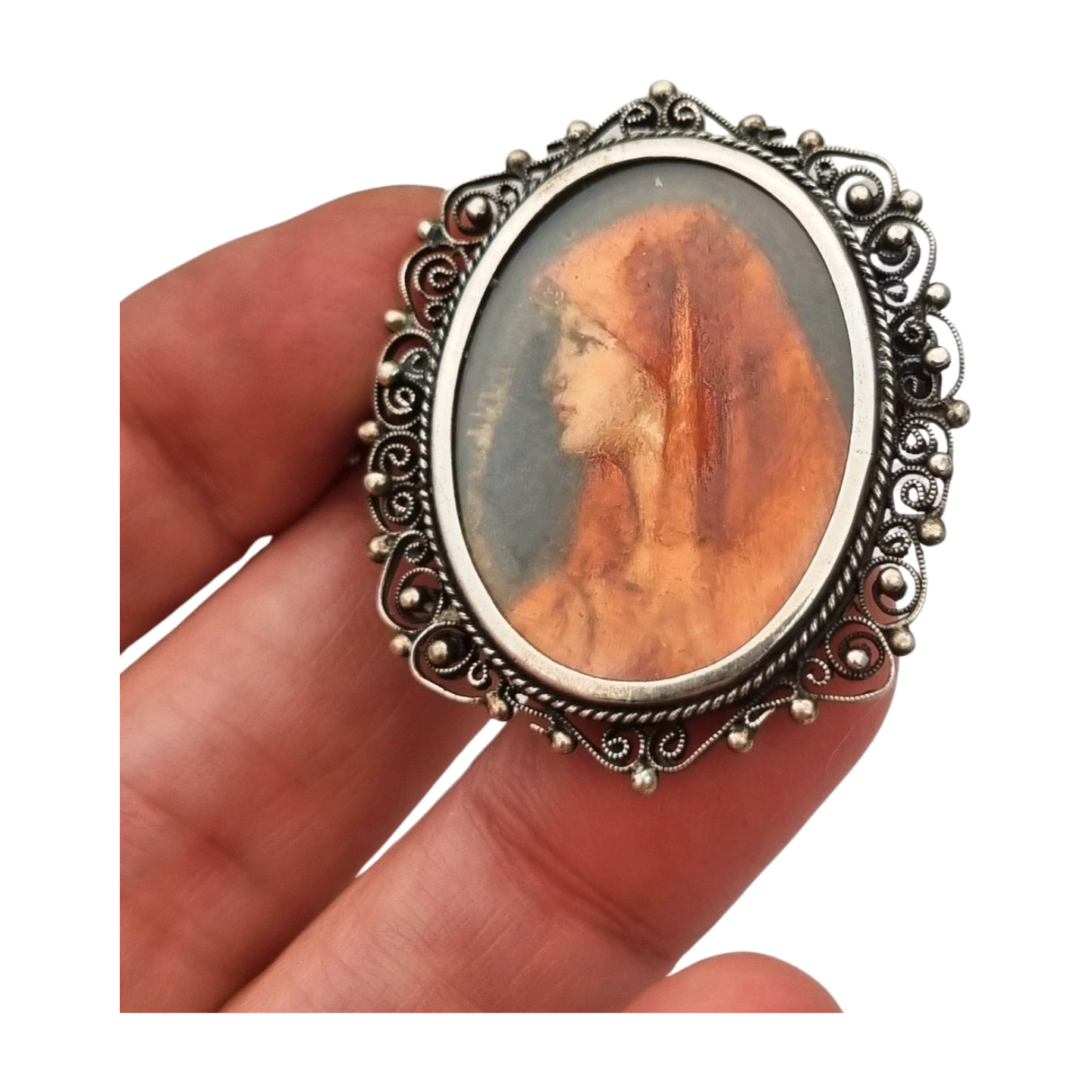 800 silver and filigree pendant brooch with miniature of Saint Fabiola, circa 1920