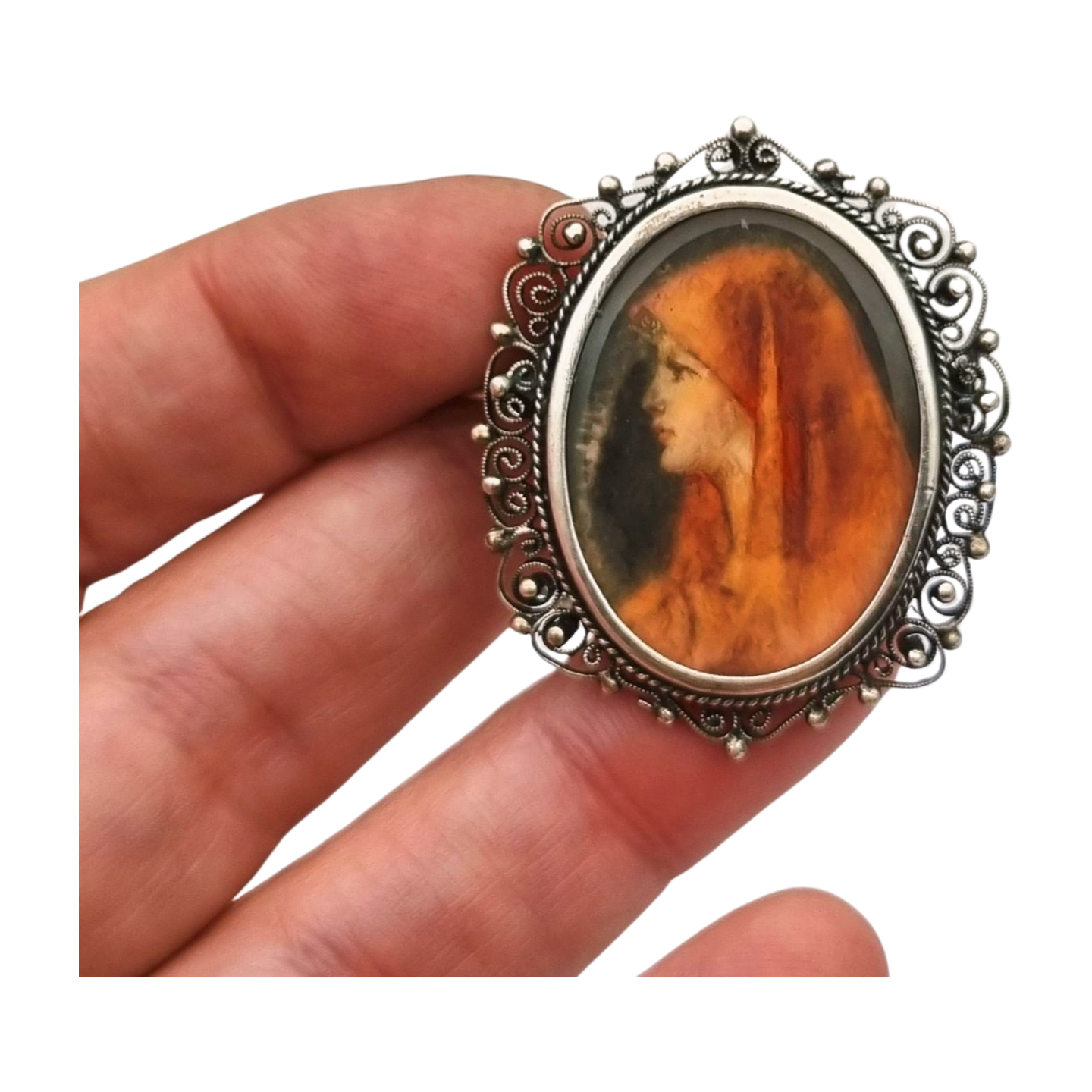 800 silver and filigree pendant brooch with miniature of Saint Fabiola, circa 1920