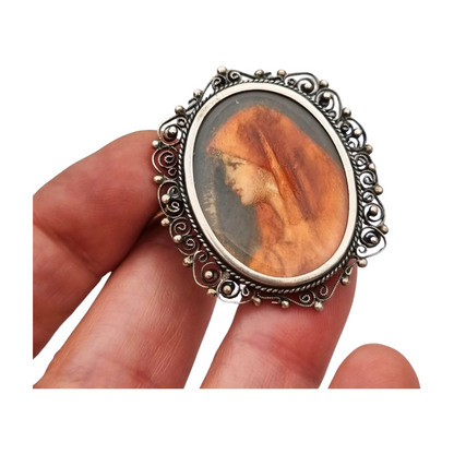800 silver and filigree pendant brooch with miniature of Saint Fabiola, circa 1920