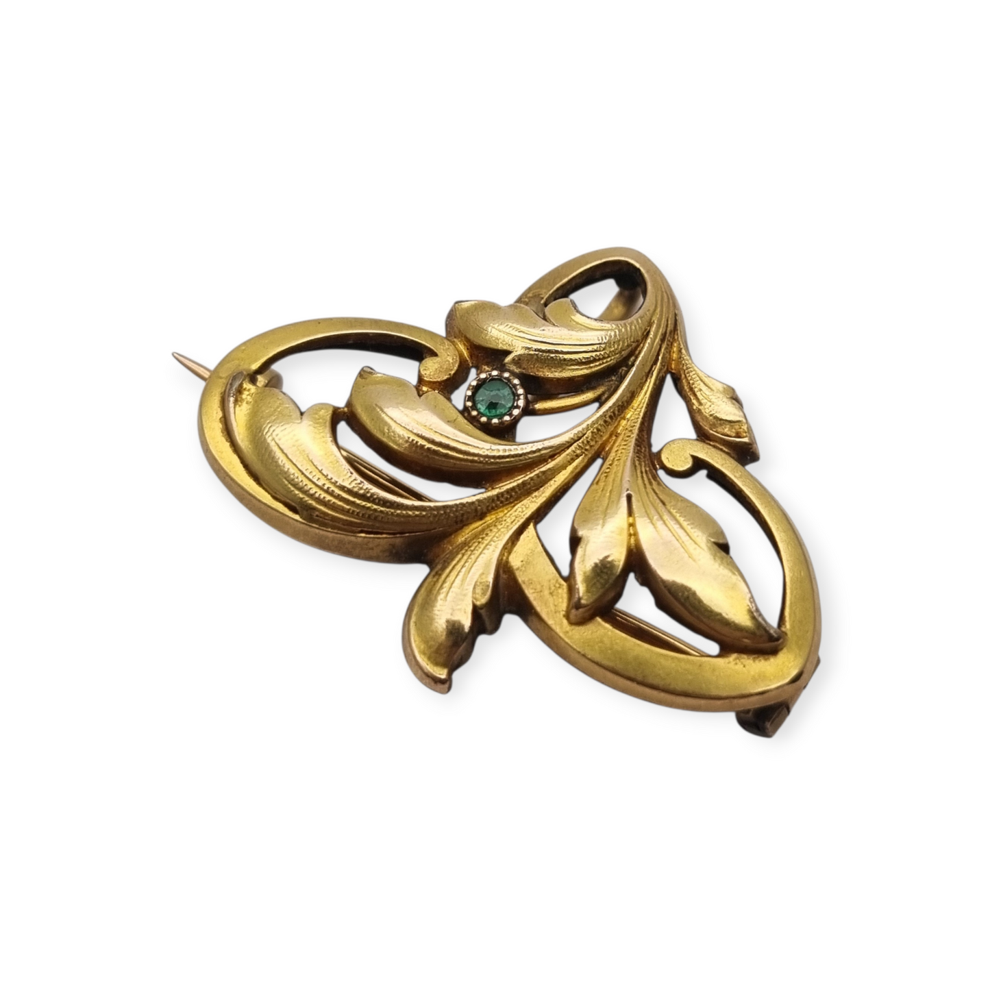 FIX Art Nouveau gold-plated brooch with green stone and floral design, circa 1920