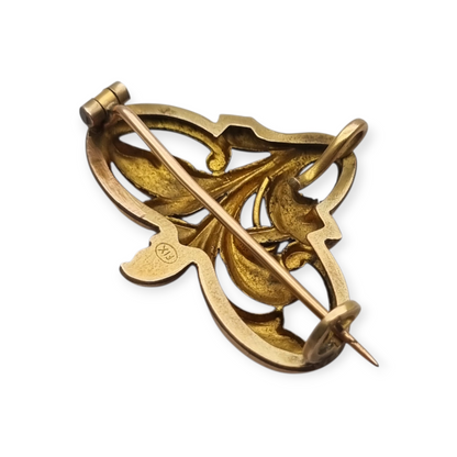 FIX Art Nouveau gold-plated brooch with green stone and floral design, circa 1920