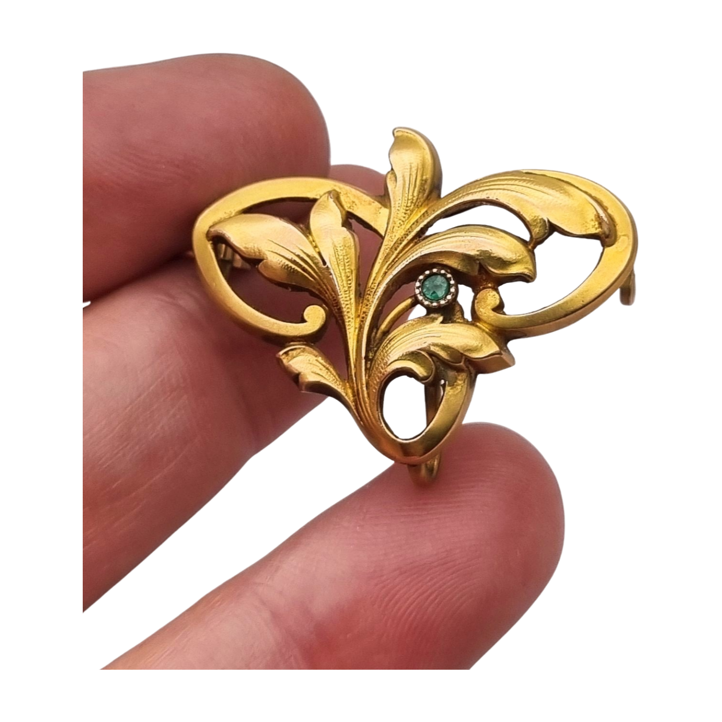 FIX Art Nouveau gold-plated brooch with green stone and floral design, circa 1920