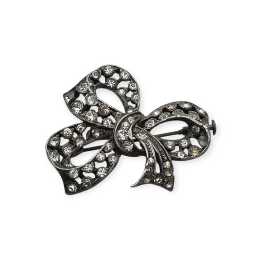 Antique brooch, Art Deco silver-plated metal bow with rhinestones, circa 1940-1950