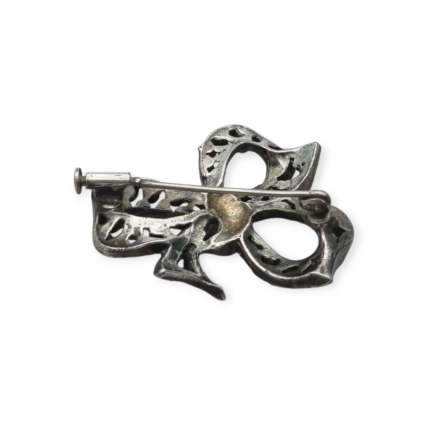 Bisutería antigua broche lazo Art Déco de metal plateado con pedrería, circa 1940-1950