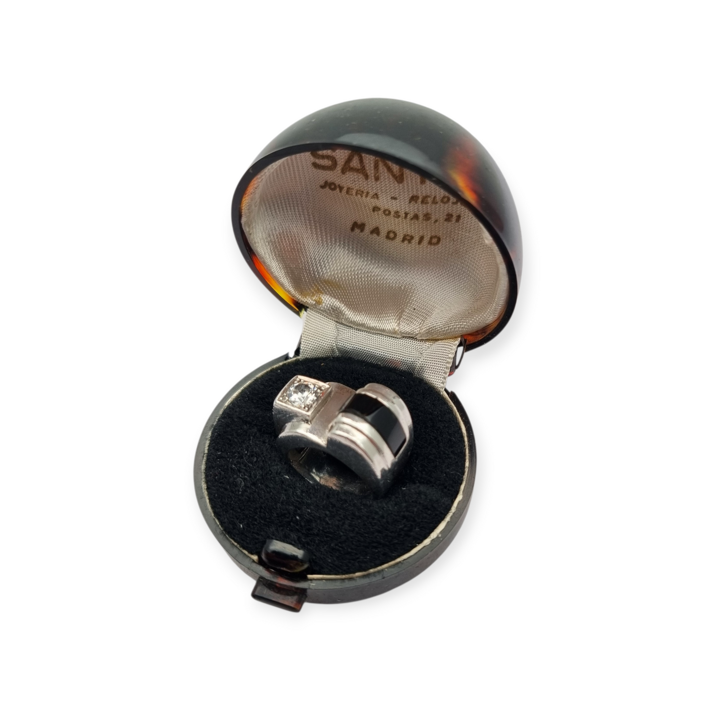 French Art Deco ring in 800 Silver with onyx and crystal circa 1930