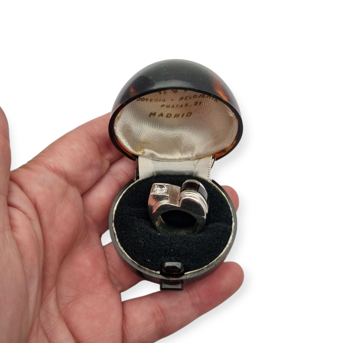 French Art Deco ring in 800 Silver with onyx and crystal circa 1930