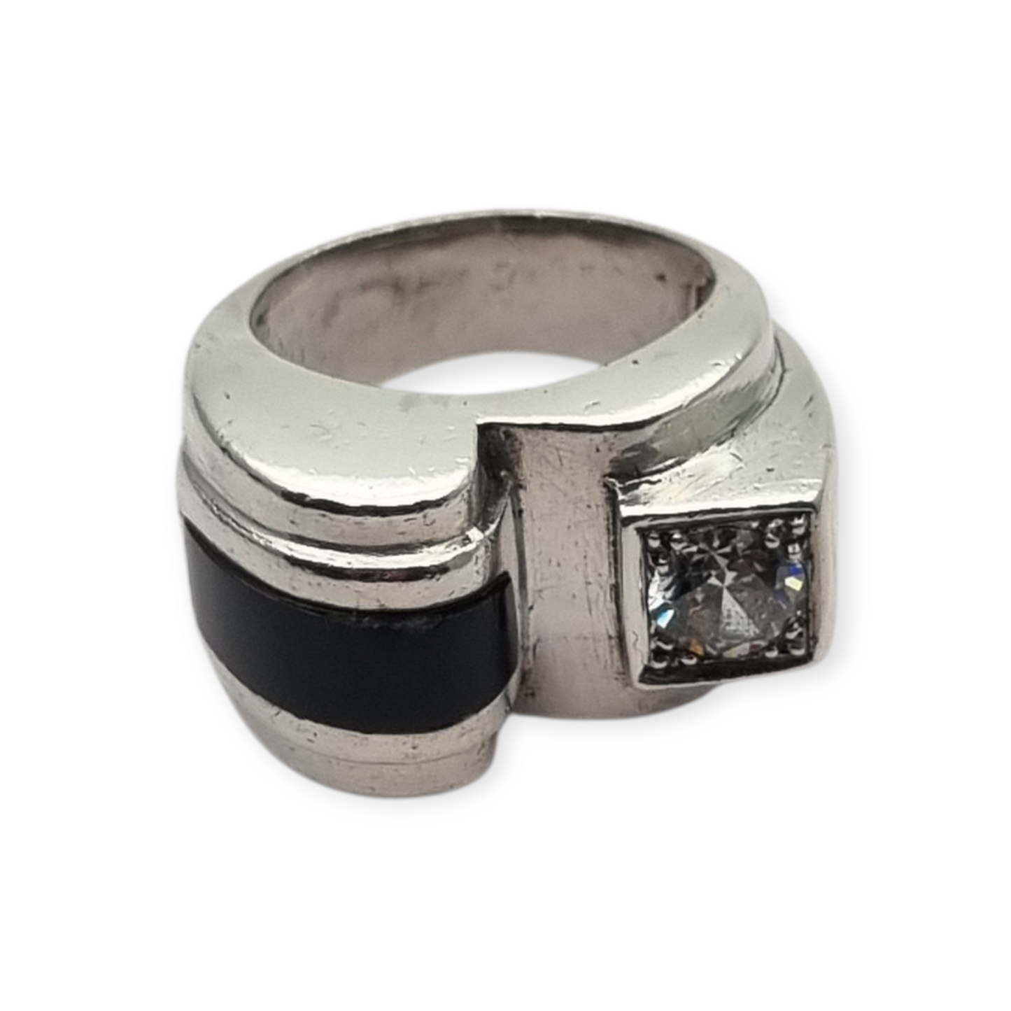 French Art Deco ring in 800 Silver with onyx and crystal circa 1930