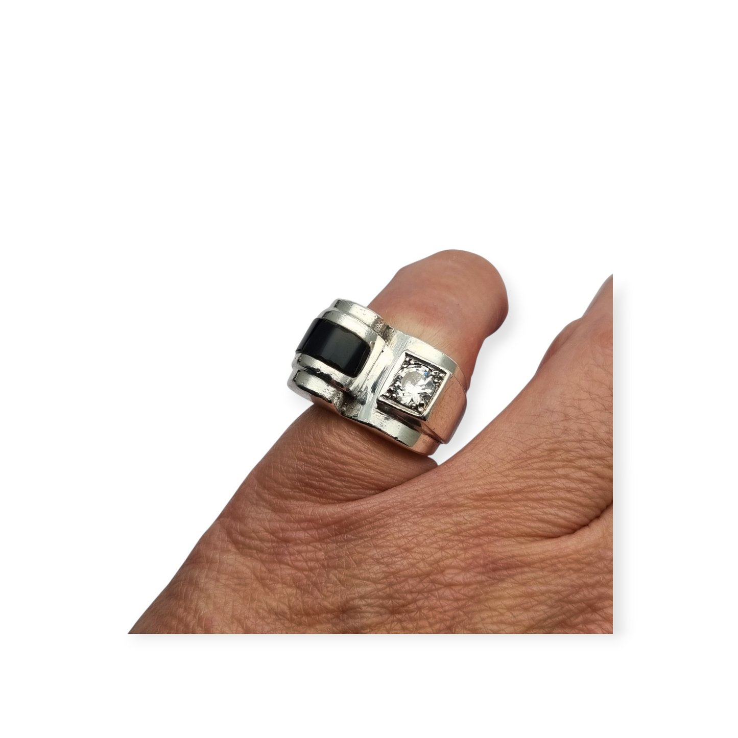 French Art Deco ring in 800 Silver with onyx and crystal circa 1930