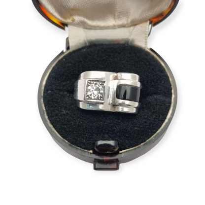 French Art Deco ring in 800 Silver with onyx and crystal circa 1930