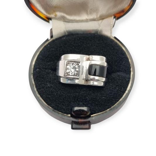French Art Deco ring in 800 Silver with onyx and crystal circa 1930