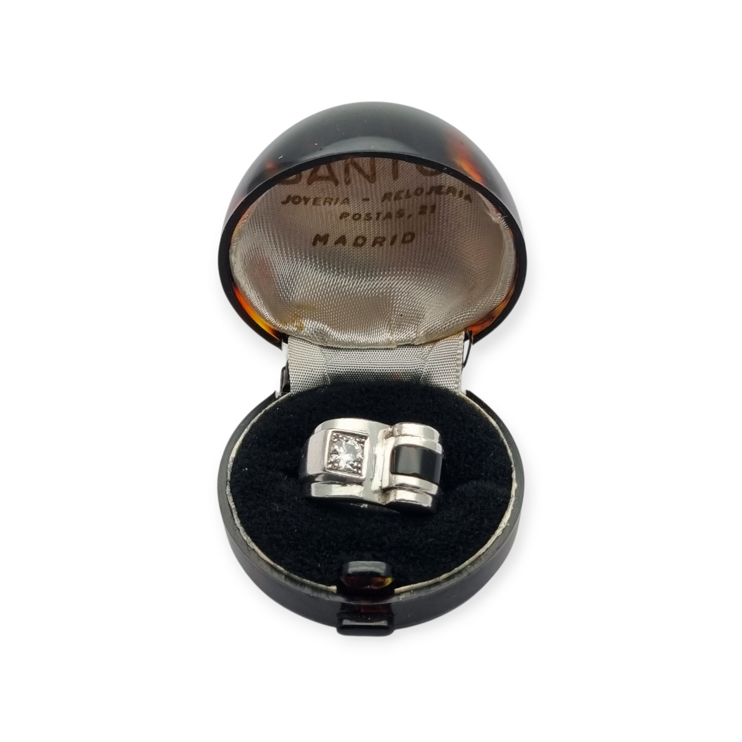 French Art Deco ring in 800 Silver with onyx and crystal circa 1930