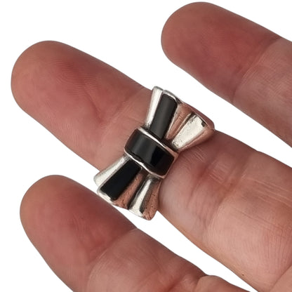 French Art Deco silver and onyx ribbon design ring signed AP Circa 1940