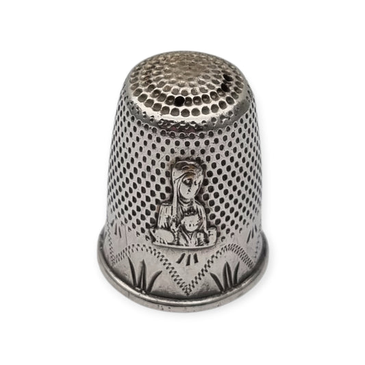Antique sterling silver thimble with Virgin of Montserrat La Moreneta from the 50s-60s
