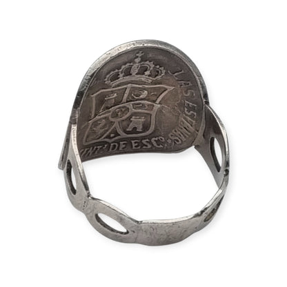 Queen Isabel II 1868 coin ring in silver, numismatic jewelry, circa 1950