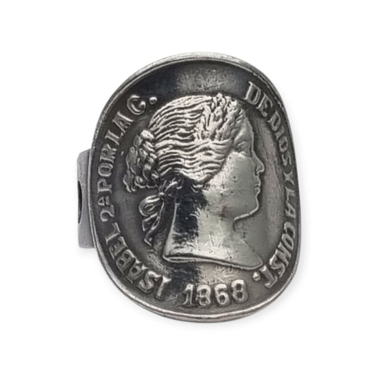 Anillo de moneda de Isabel II 1868 en plata, joyería numismática, circa 1950