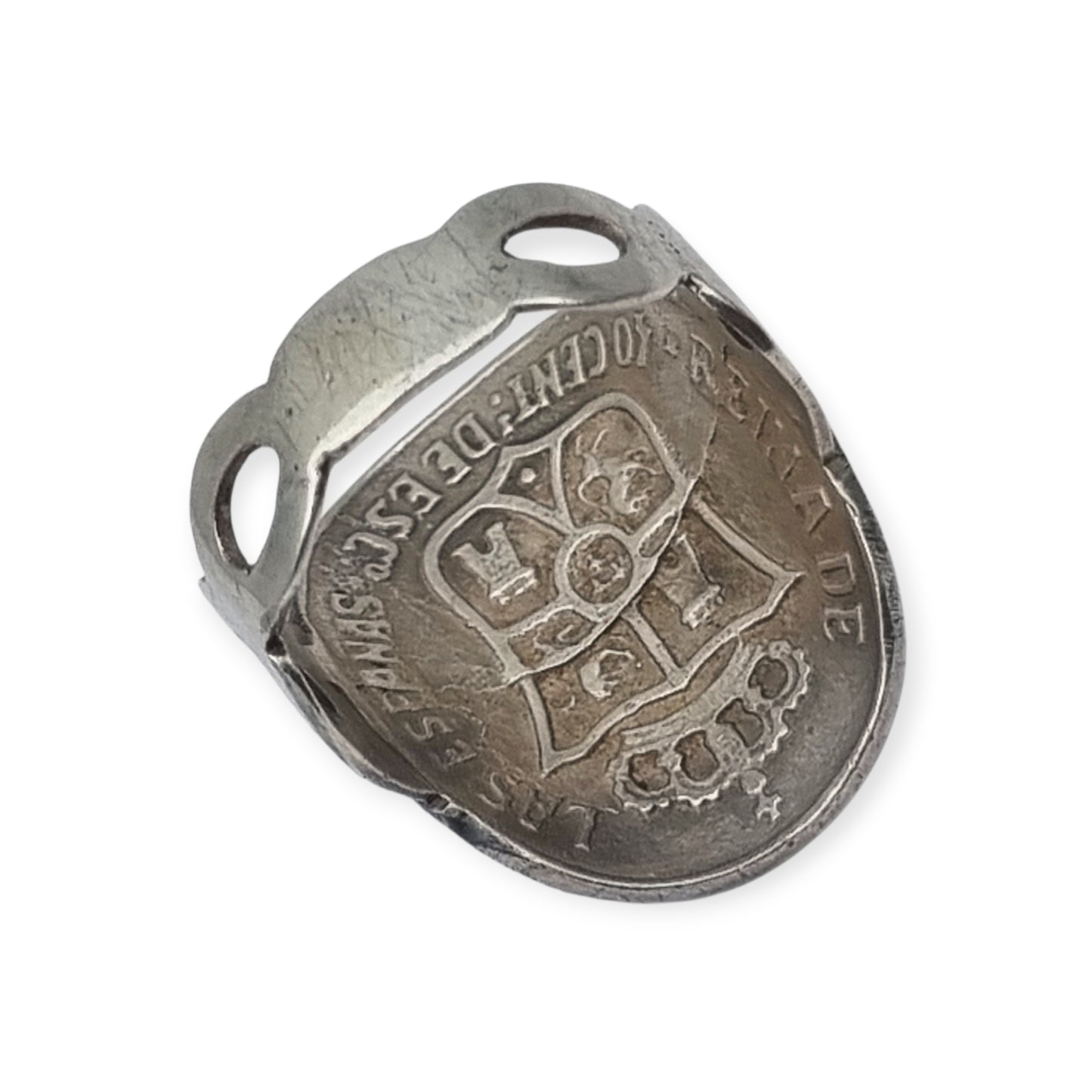 Queen Isabel II 1868 coin ring in silver, numismatic jewelry, circa 1950