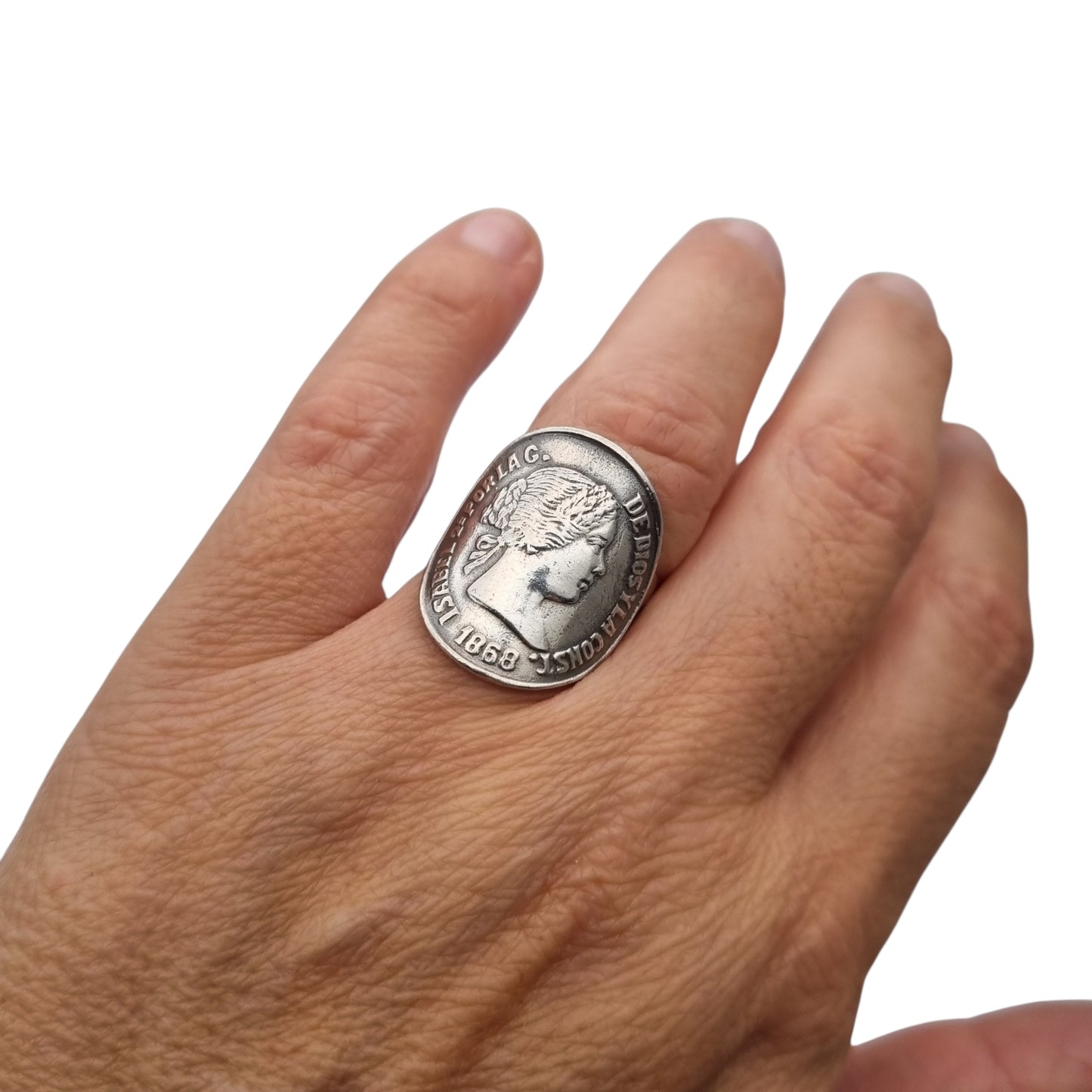 Queen Isabel II 1868 coin ring in silver, numismatic jewelry, circa 1950