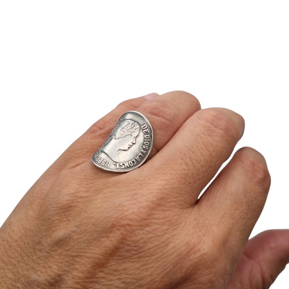 Queen Isabel II 1868 coin ring in silver, numismatic jewelry, circa 1950