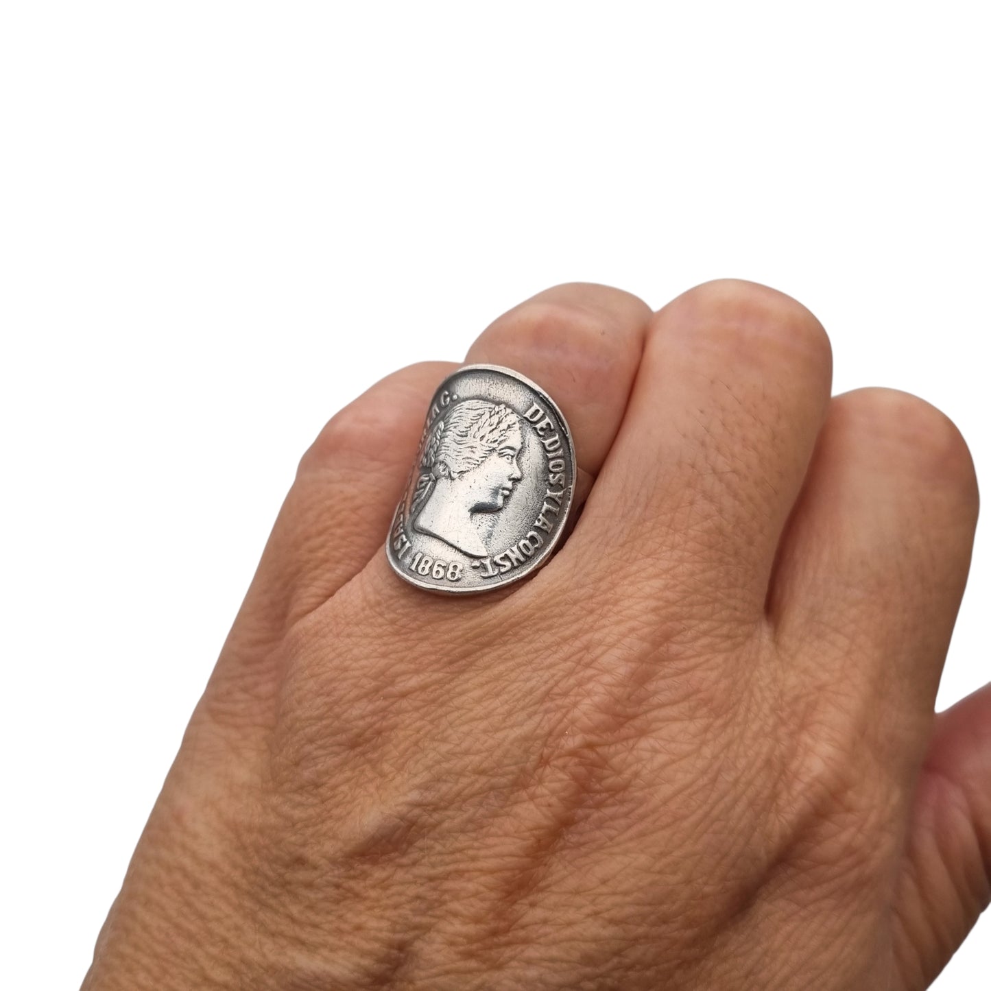 Queen Isabel II 1868 coin ring in silver, numismatic jewelry, circa 1950