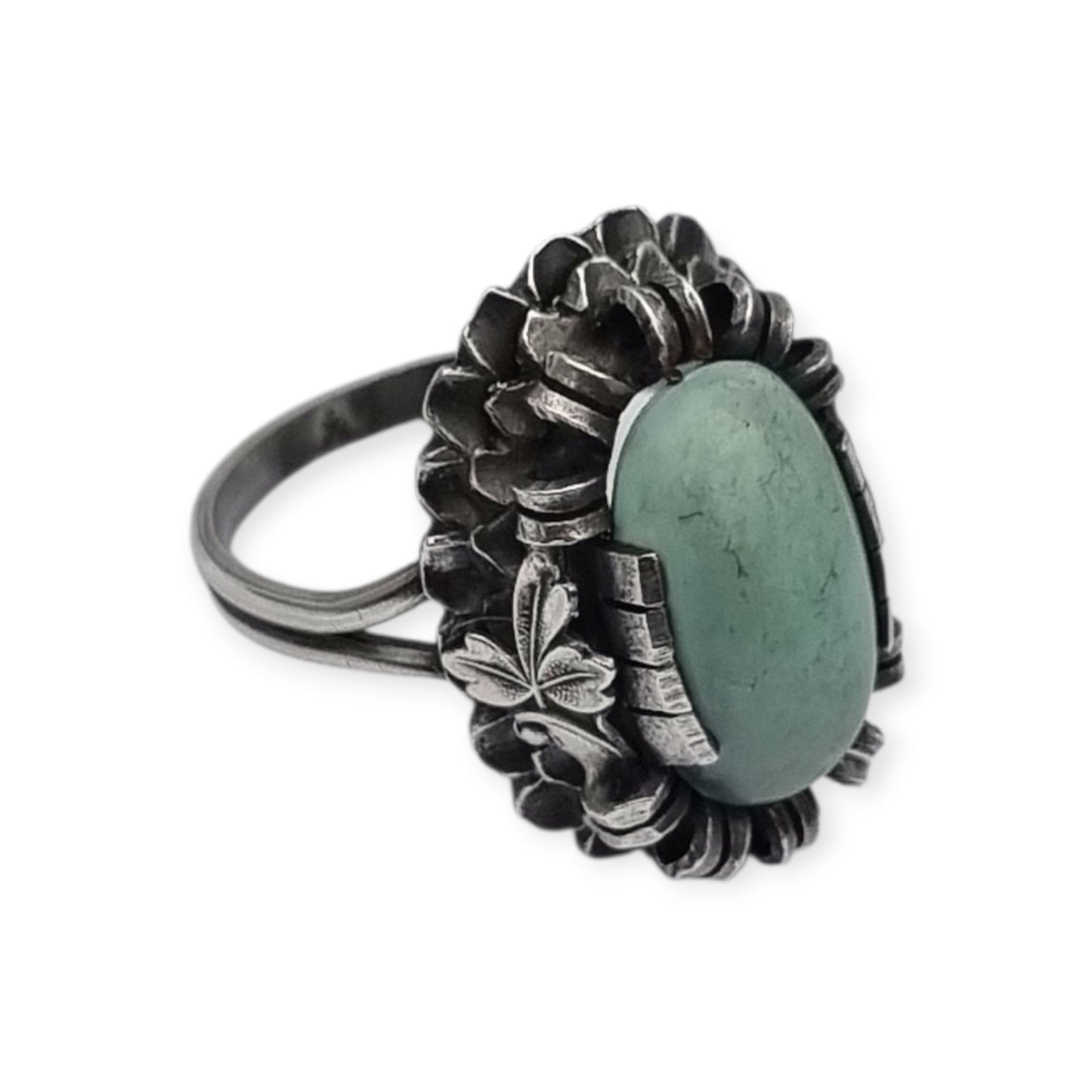 Late Art Deco silver ring with a greenish-blue cabochon circa 1940-1950