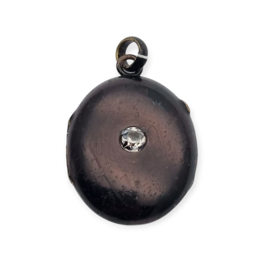 Guardapelo victoriano negro con piedra, joyería de luto, circa 1890-1900