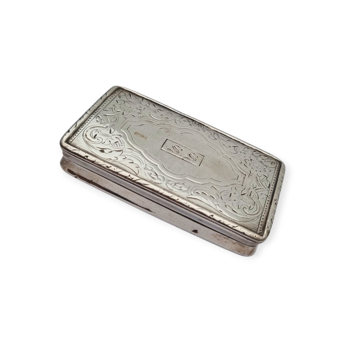 Caja victoriana antigua de plata grabada y monograma S.S circa 1890-1900