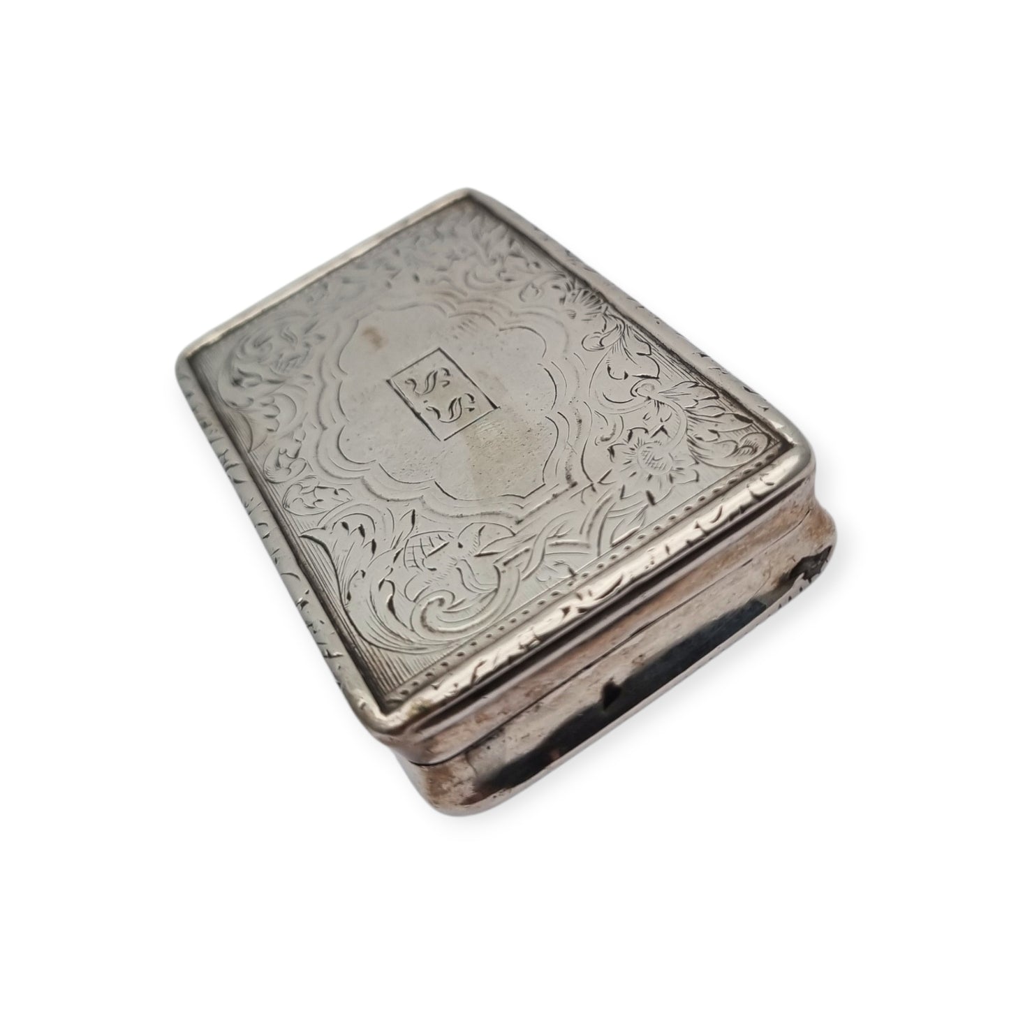 Caja victoriana antigua de plata grabada y monograma S.S circa 1890-1900