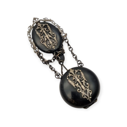 Black French Victorian watch chatelaine with chains, circa 1850-1890