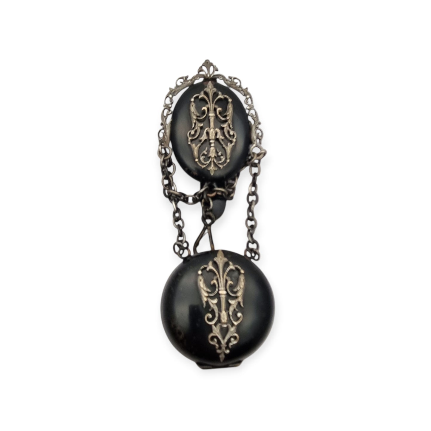 Black French Victorian watch chatelaine with chains, circa 1850-1890