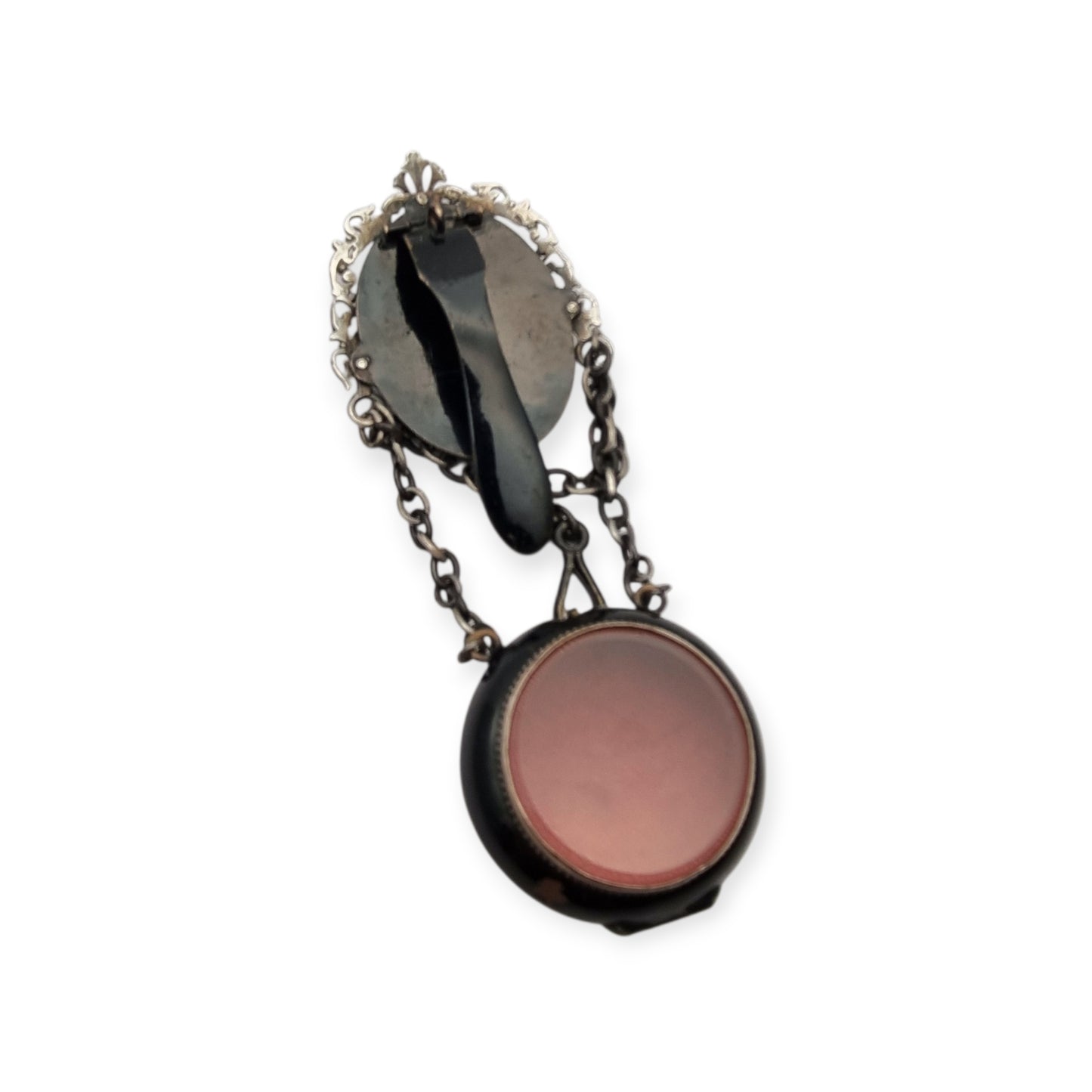 Black French Victorian watch chatelaine with chains, circa 1850-1890