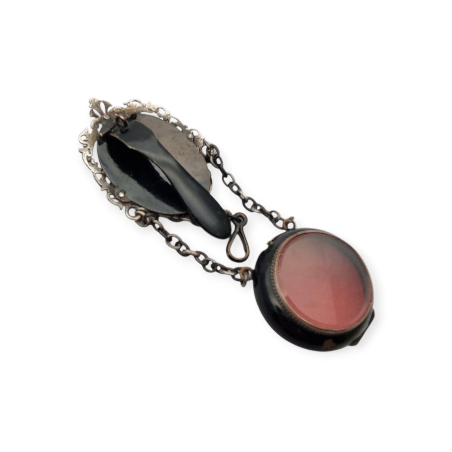 Black French Victorian watch chatelaine with chains, circa 1850-1890