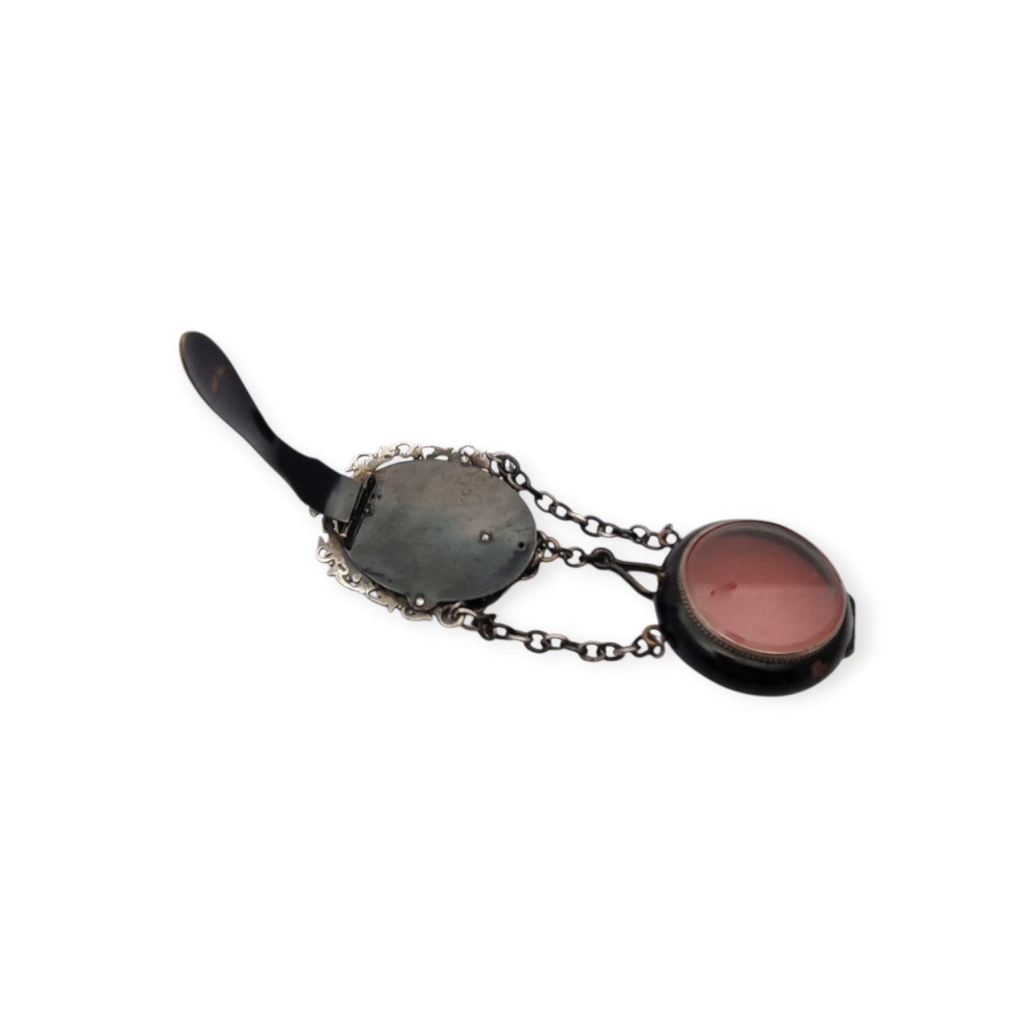Black French Victorian watch chatelaine with chains, circa 1850-1890