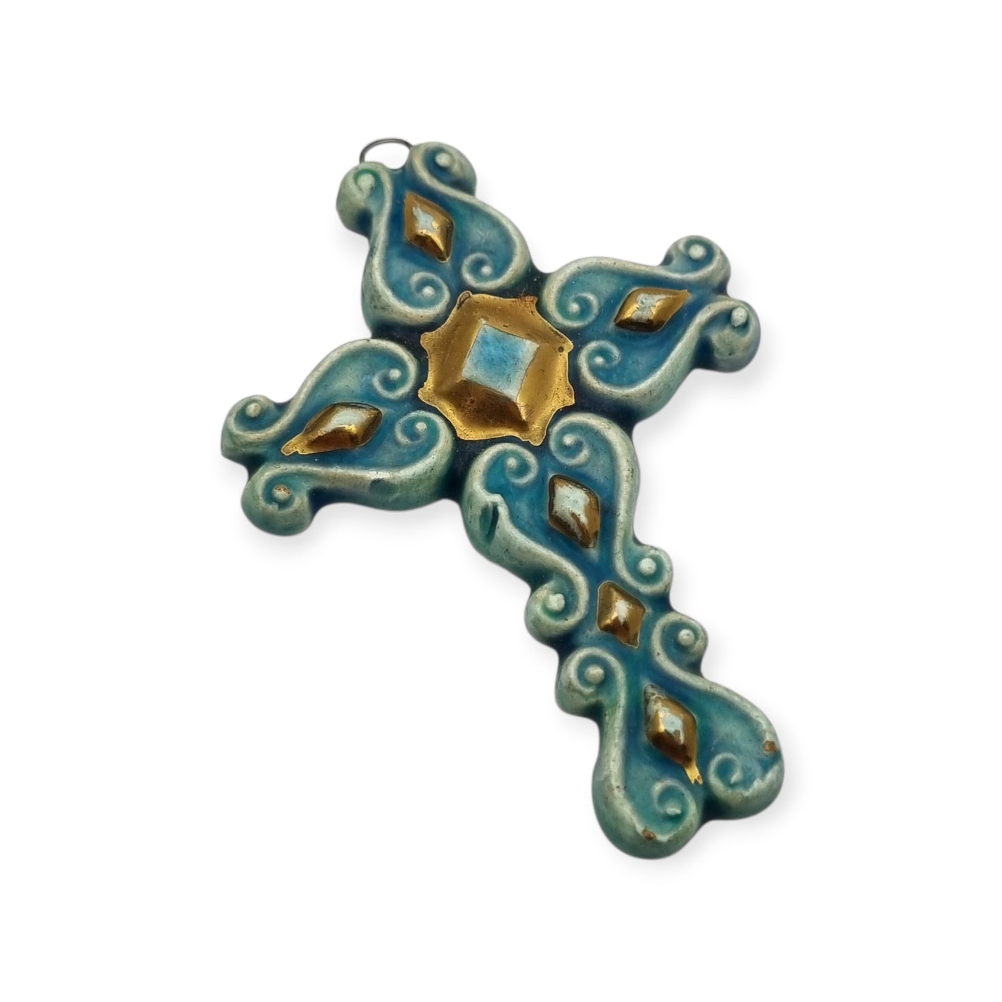 Enamelled blue and gold cross pendant France 1960s glazed ceramic