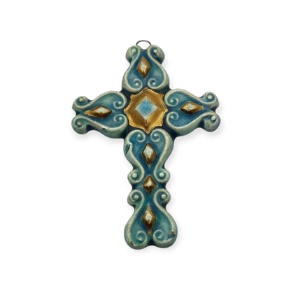 Enamelled blue and gold cross pendant France 1960s glazed ceramic