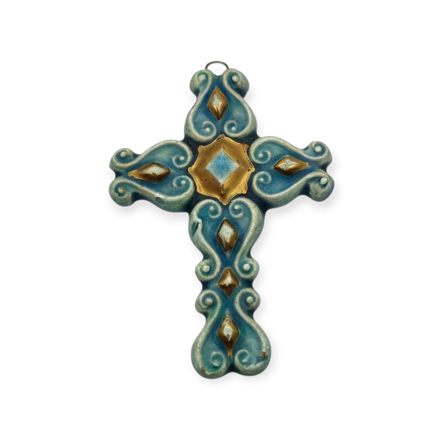 Enamelled blue and gold cross pendant France 1960s glazed ceramic